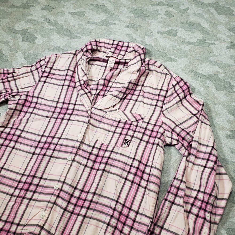Victoria Secret Pajama Top Womens XS Pink Plaid Button Up Long Sleeve‎ Lounge